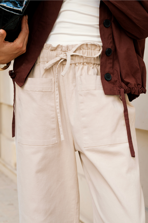 Wide-Leg Drawstring Pants in Beige