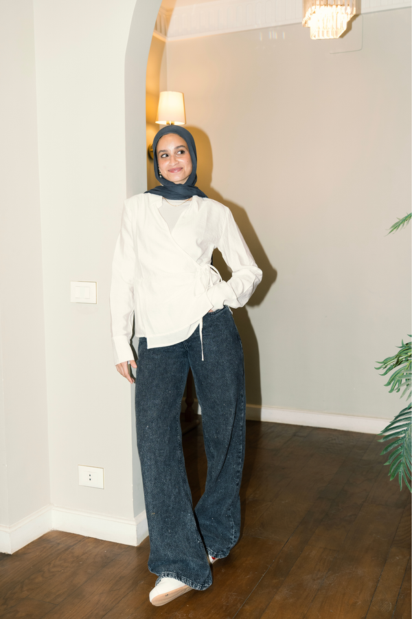 Crinkled Tie Wrap Shirt in Off White
