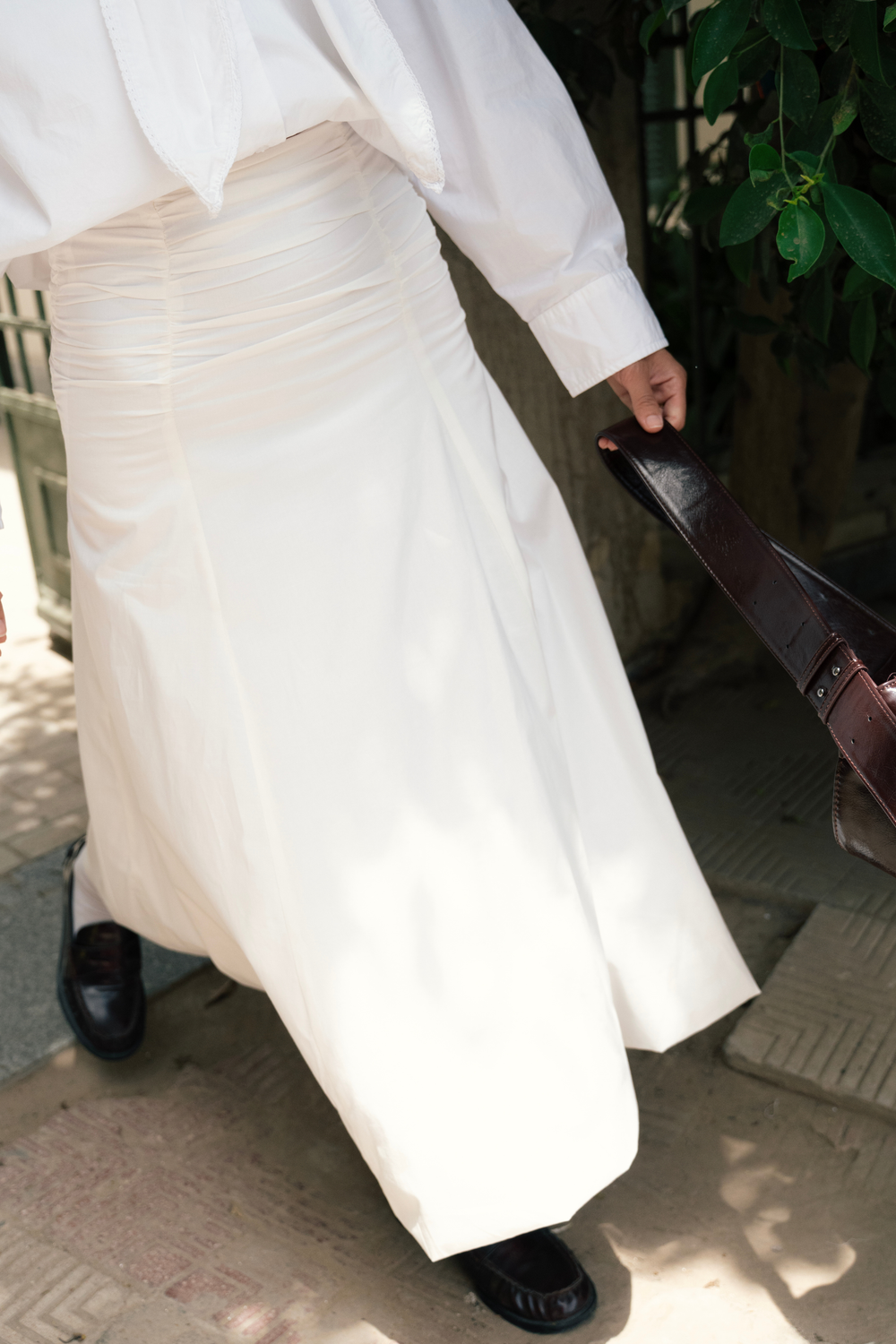 Ruched Poplin Skirt in White