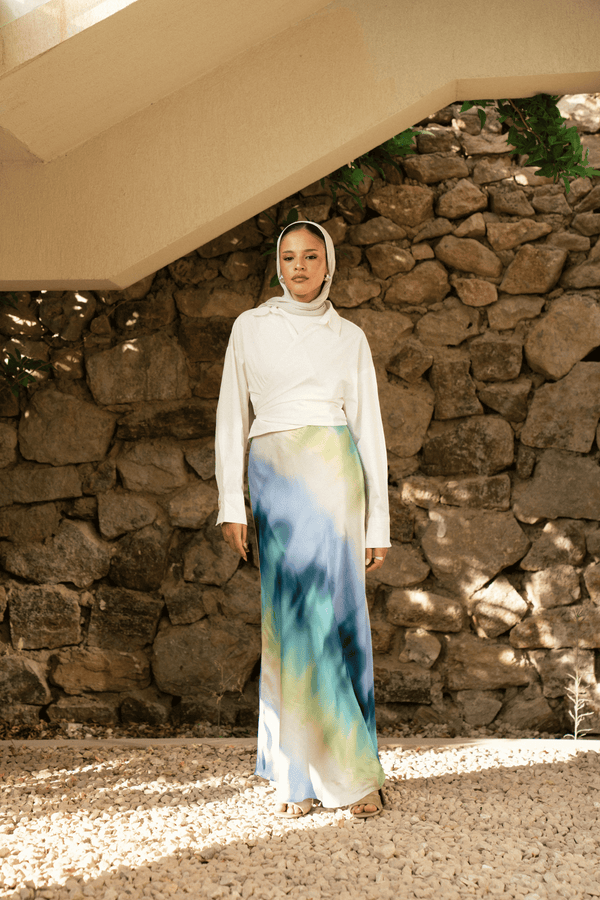 Satin Skirt in Blue Print