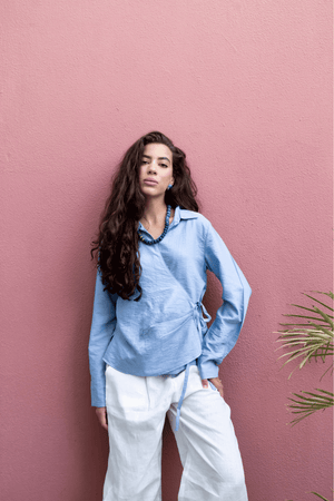 Crinkled Tie Wrap Shirt in Steel Blue