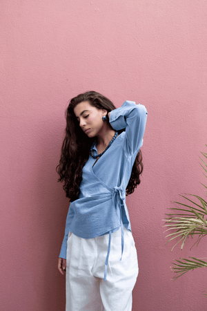Crinkled Tie Wrap Shirt in Steel Blue