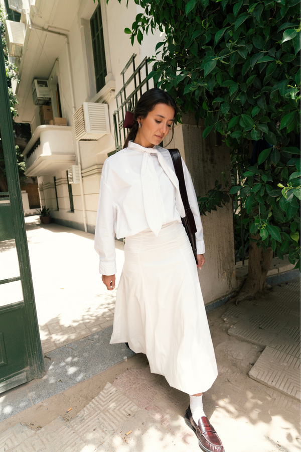 Ruched Poplin Skirt in White