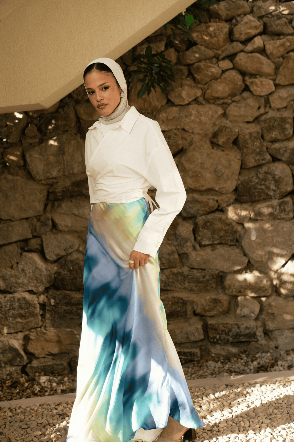 Satin Skirt in Blue Print