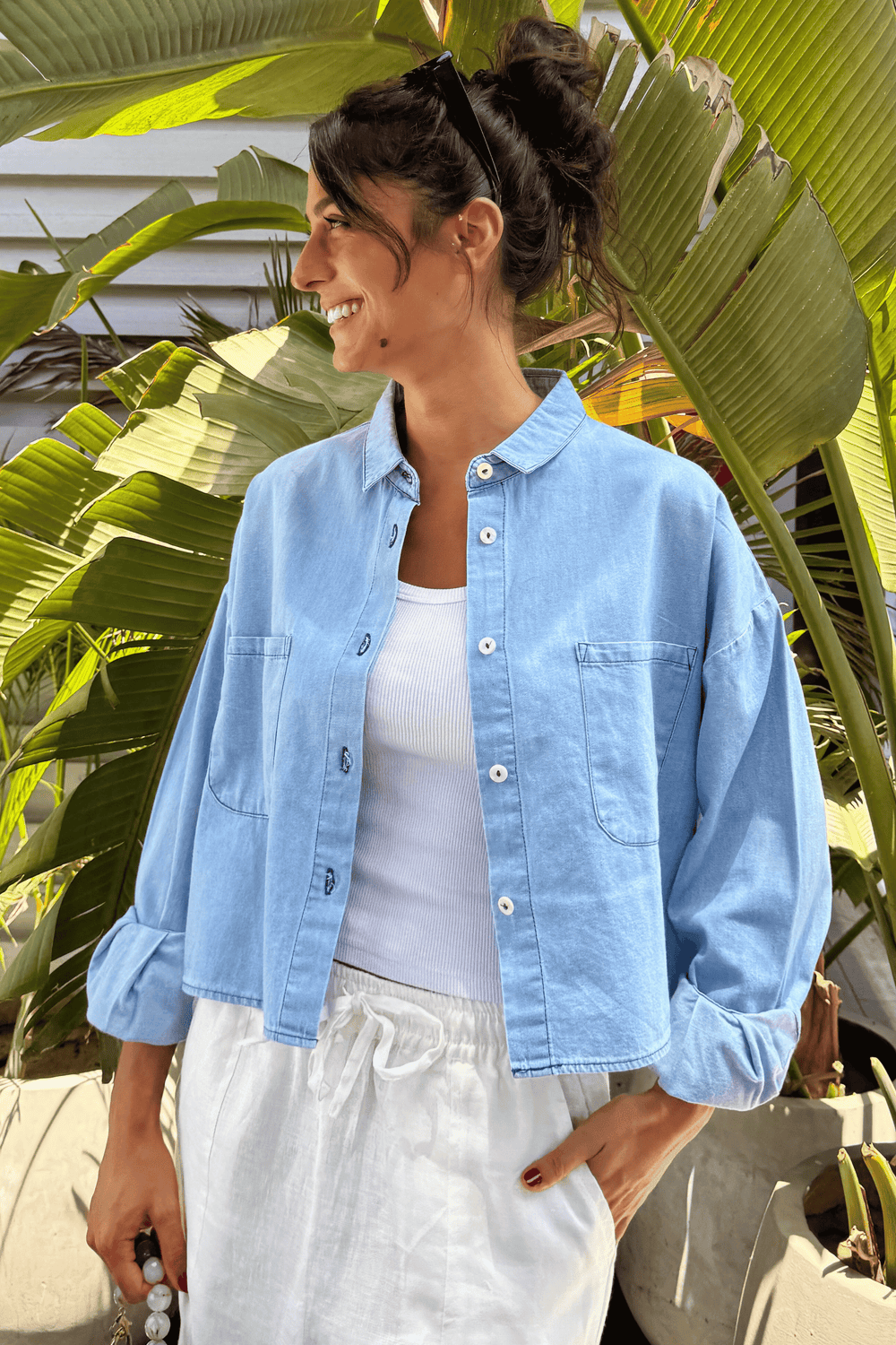 Cropped Denim Shirt in Light Blue