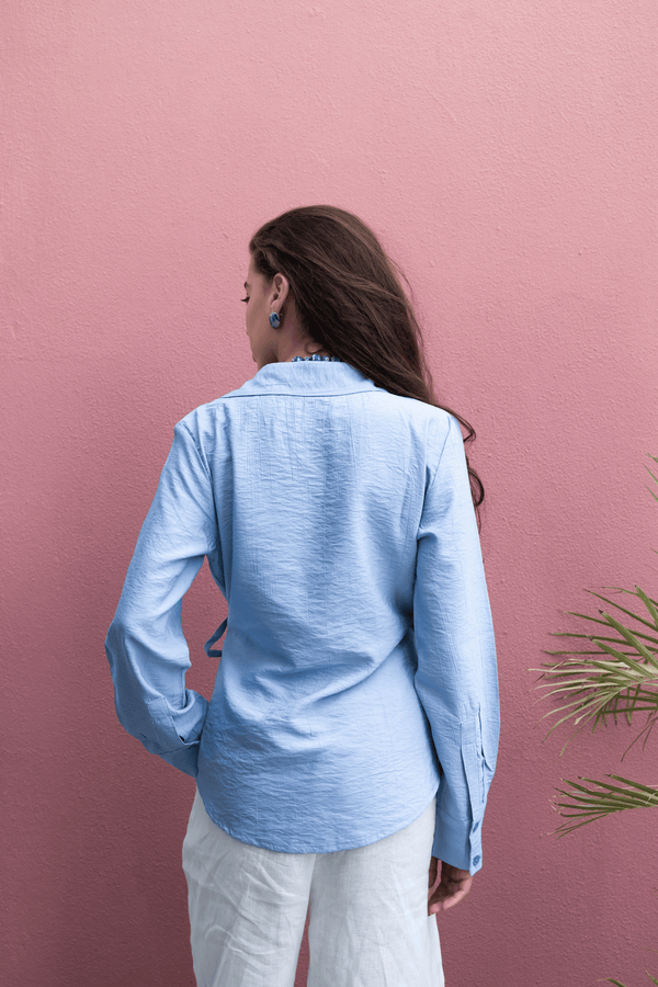 Crinkled Tie Wrap Shirt in Steel Blue