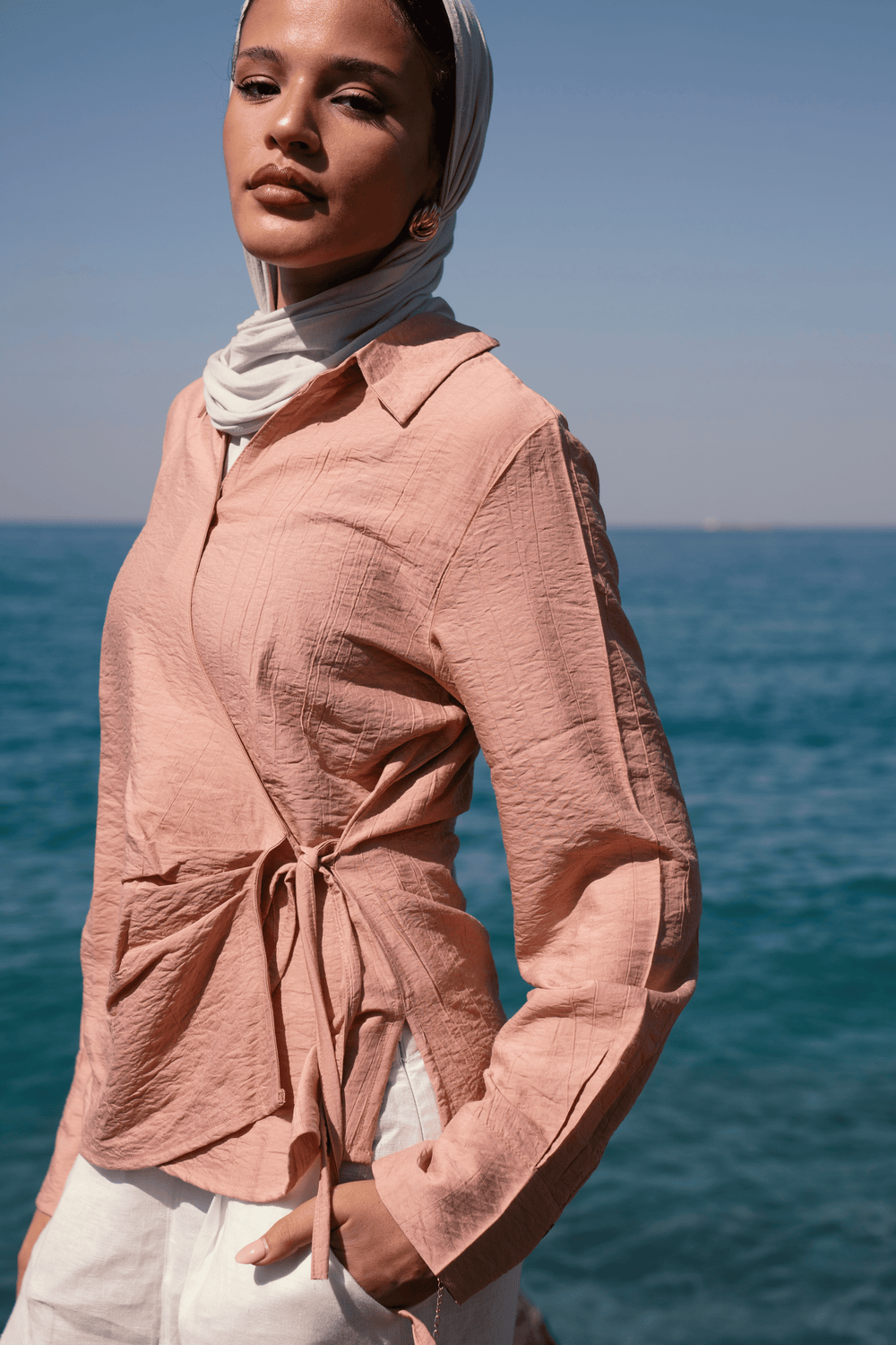 Crinkled Tie Wrap Shirt in Peach