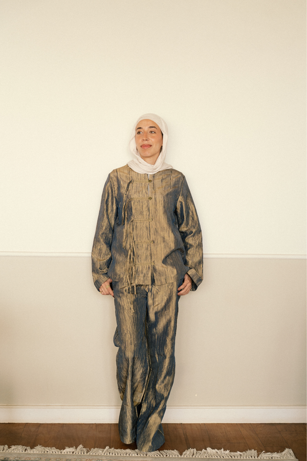 Mandarin Taffeta Set in Olive