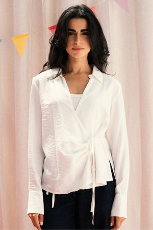 Crinkled Tie Wrap Shirt in Off White