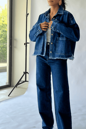 Raw-Hem Denim Jacket in Dark Blue
