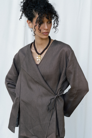 Linen Wrap top in Brown