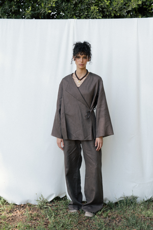 Linen Wrap top in Brown