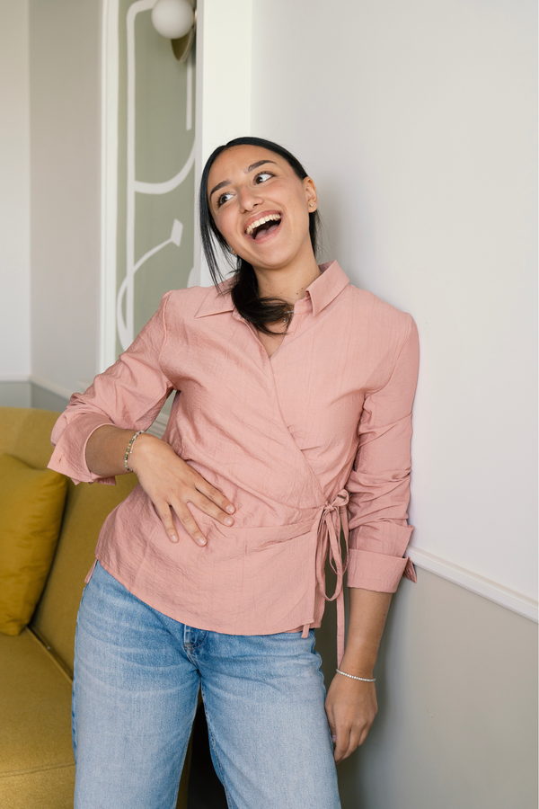 Crinkled Tie Wrap Shirt in Peach
