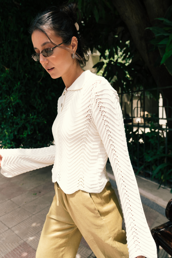 Pointelle Polo Shirt in White