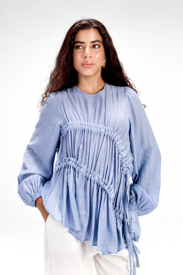 Asymmetric Ruched Top in Blue
