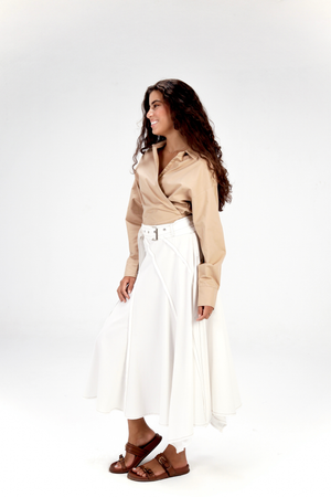 Belted Poplin Skirt in White