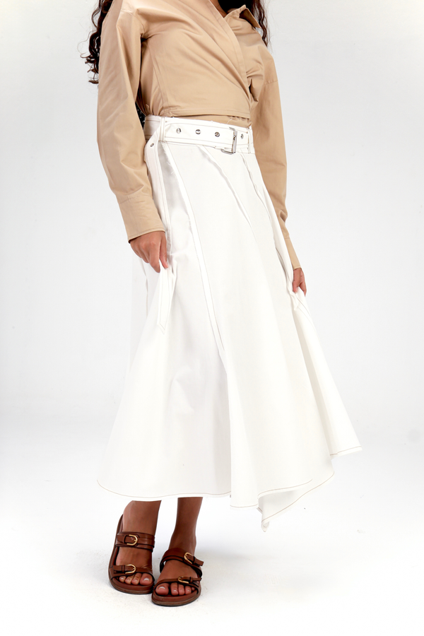 Belted Poplin Skirt in White