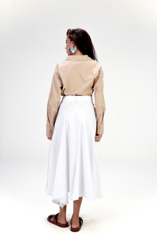 Belted Poplin Skirt in White