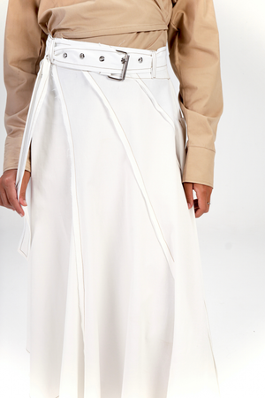 Belted Poplin Skirt in White