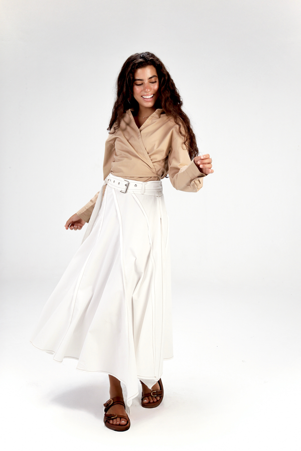 Belted Poplin Skirt in White