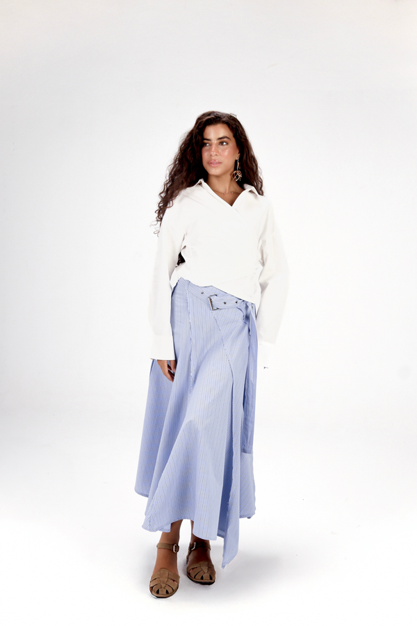 Belted Poplin Skirt in Blue