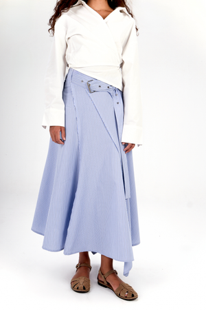 Belted Poplin Skirt in Blue