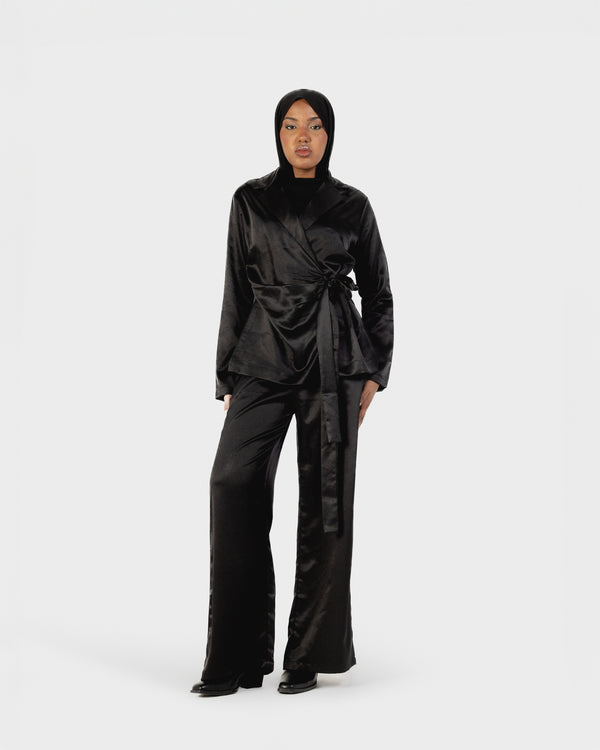 Satin Wrap Blazer Set in Black
