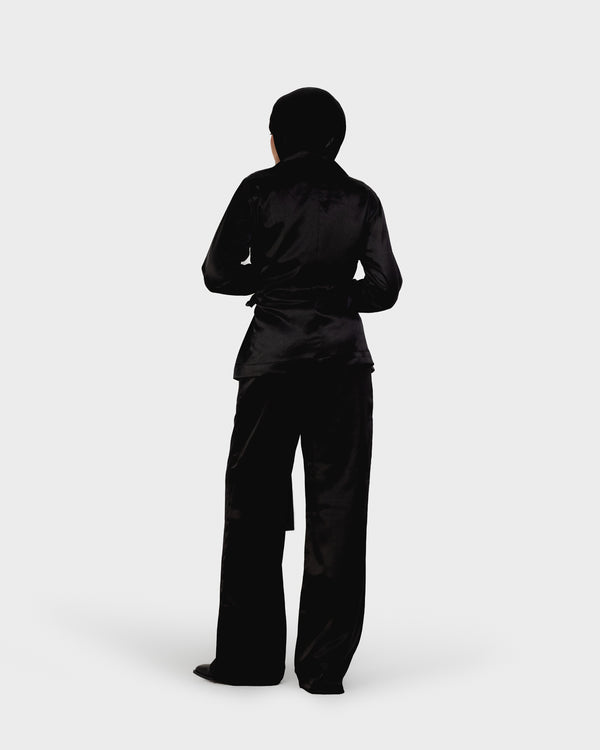 Satin Wrap Blazer Set in Black