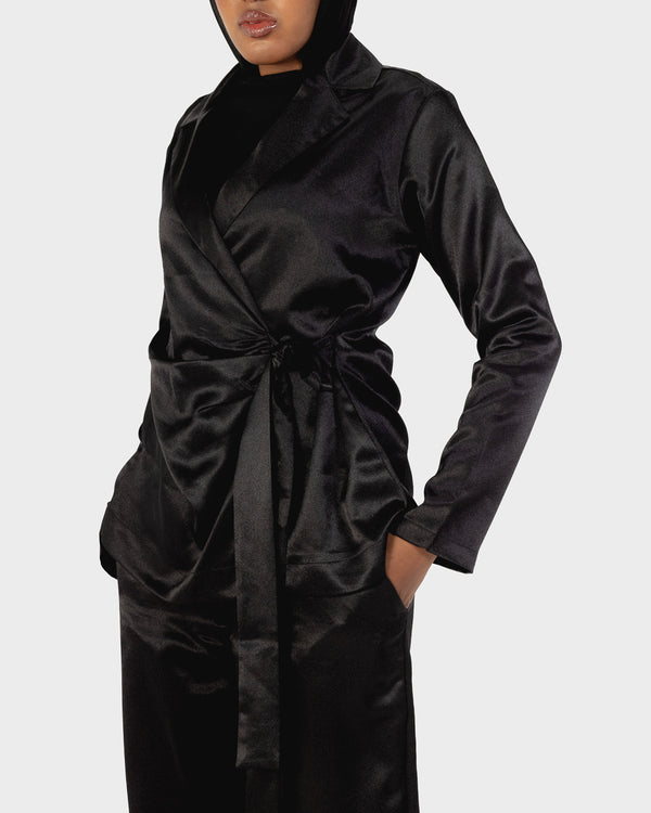 Satin Wrap Blazer Set in Black