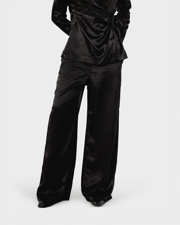 Satin Wrap Blazer Set in Black