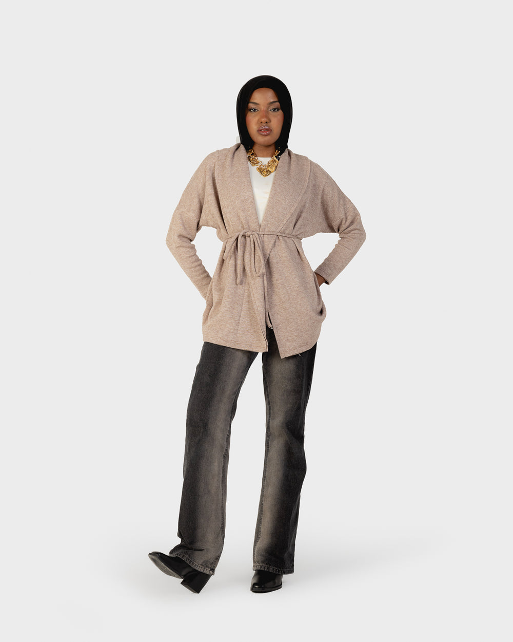 Knitted Belted Cardigan in Beige