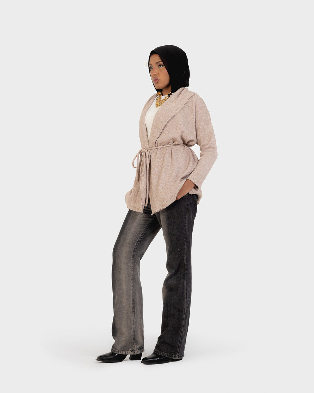 Knitted Belted Cardigan in Beige