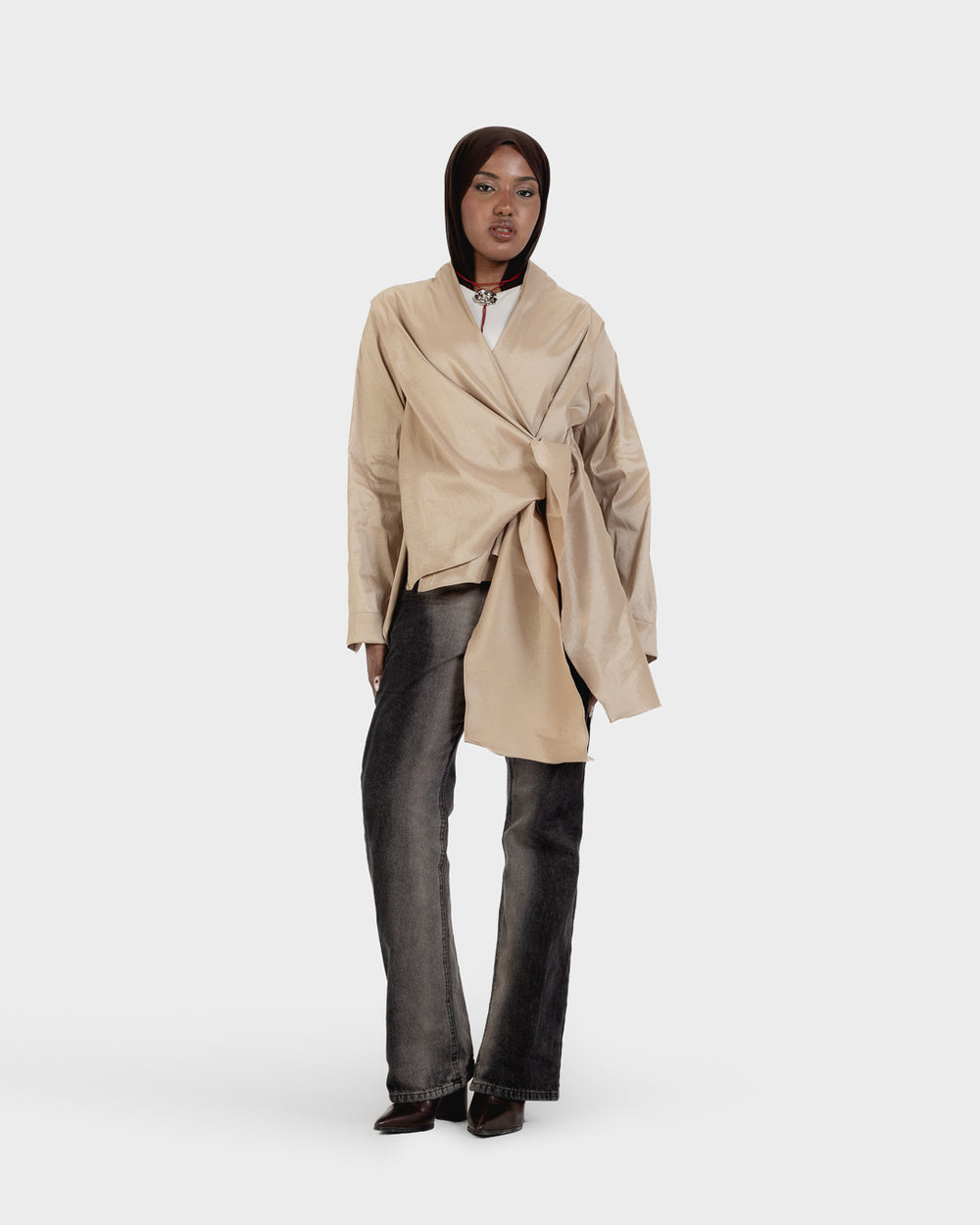 Side Wrap Taffeta Top in Beige