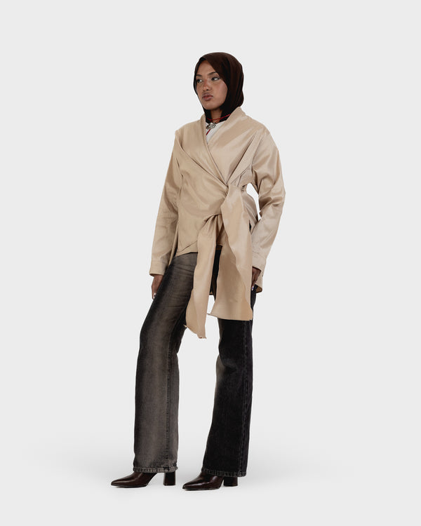 Side Wrap Taffeta Top in Beige