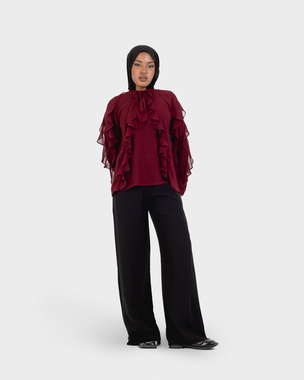 Chiffon Ruffled Blouse in Burgundy