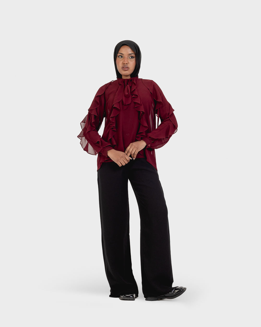 Chiffon Ruffled Blouse in Burgundy