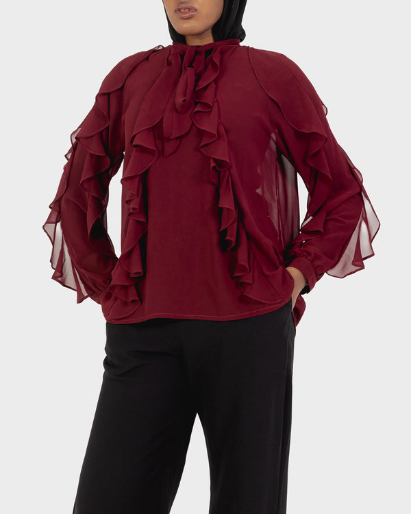 Chiffon Ruffled Blouse in Burgundy