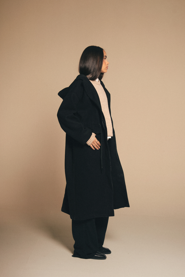 Drawstring Wool Coat in Black