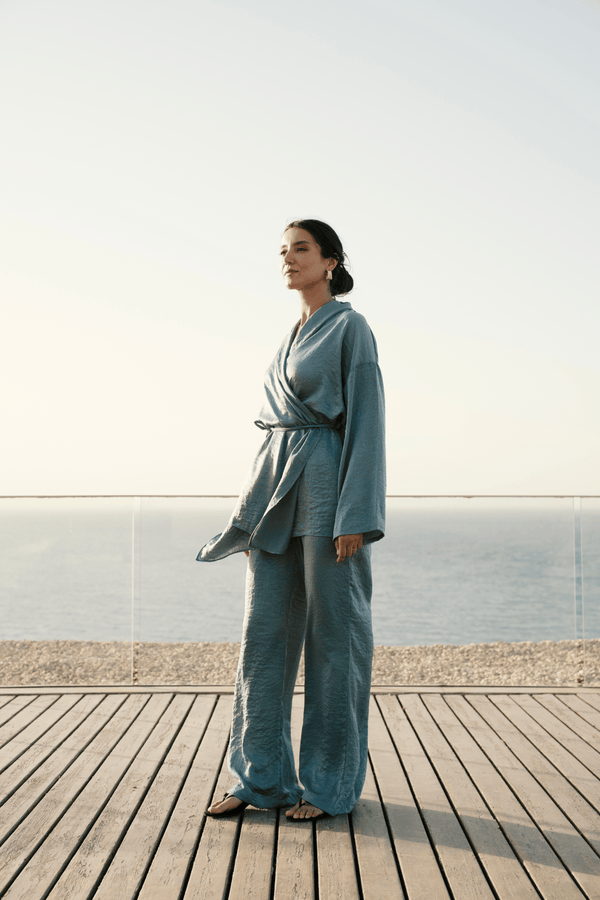 Satin Wrap Kimono Set in Dusty Blue