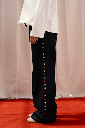 Drawstring Denim Pants with Side Button Details