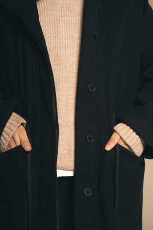 Drawstring Wool Coat in Black