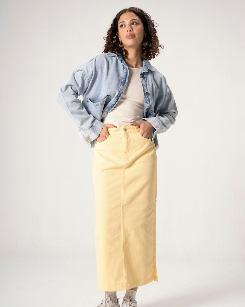 Discount yellow skirt denim New Arrivals