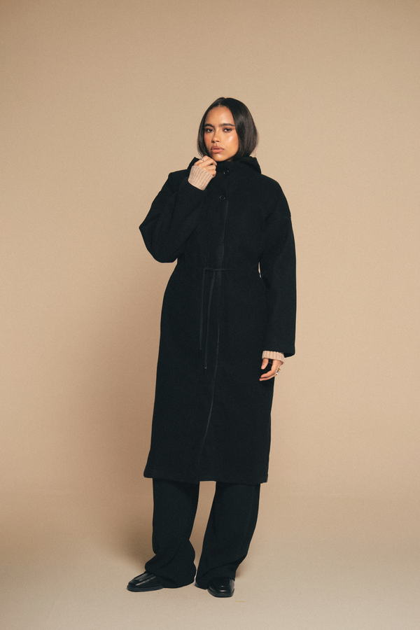 Drawstring Wool Coat in Black