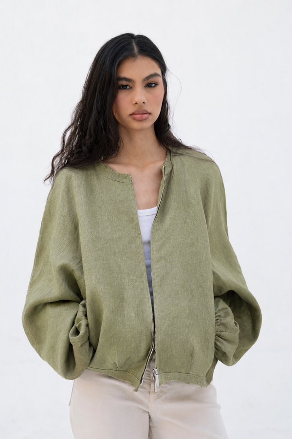 Linen Bomber Jacket in Olive