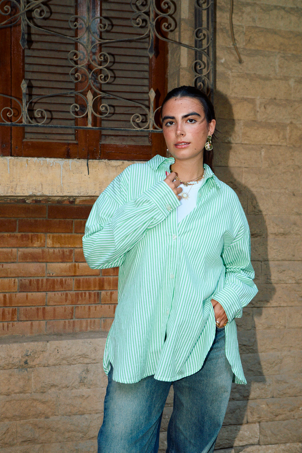 Stripy Shirt with Scrunchie in Green