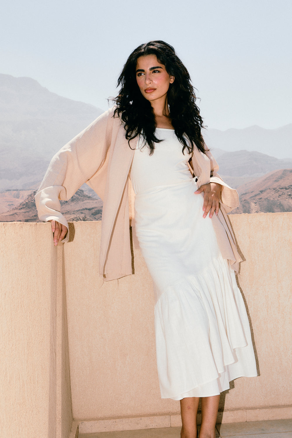Raw-Hem Linen Kimono in Beige