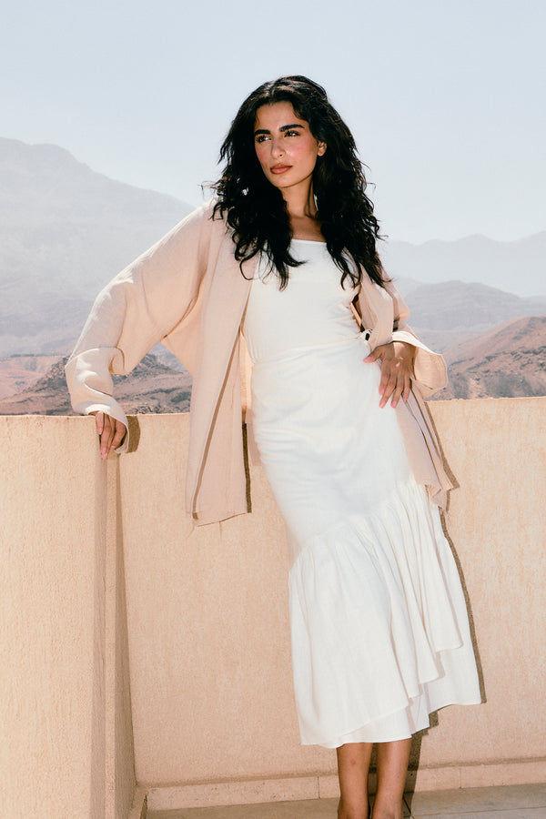 Raw-Hem Linen Kimono in Beige