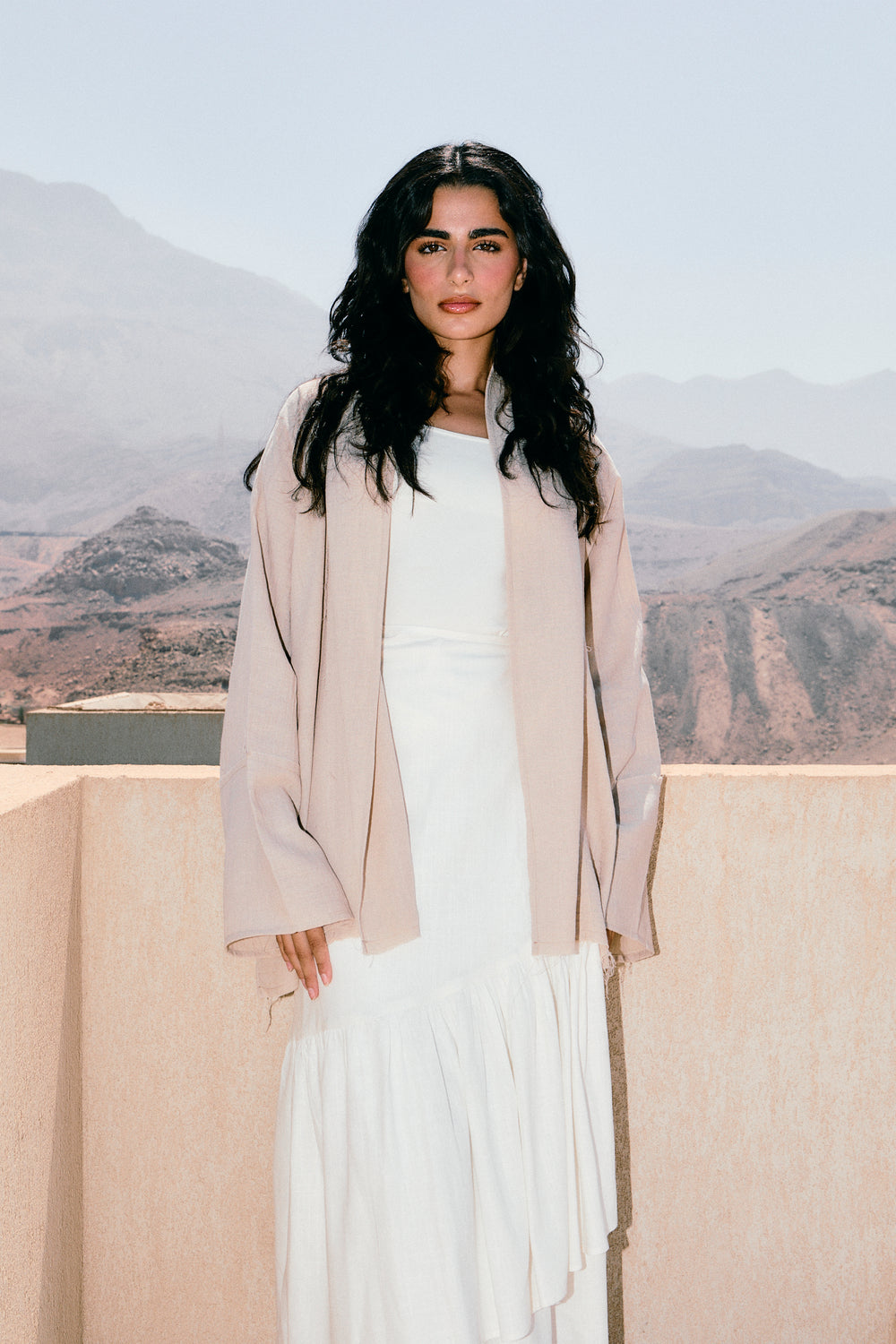 Raw-Hem Linen Kimono in Beige