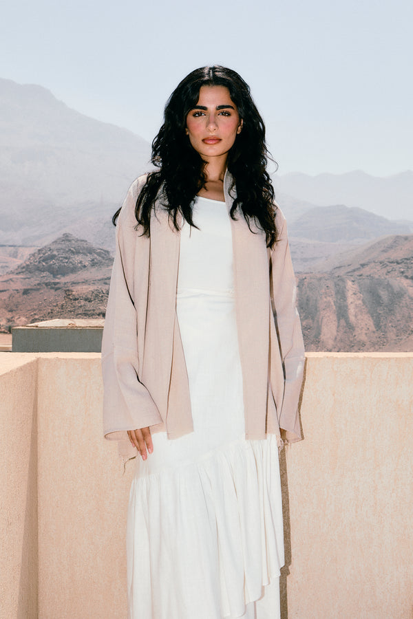 Raw-Hem Linen Kimono in Beige