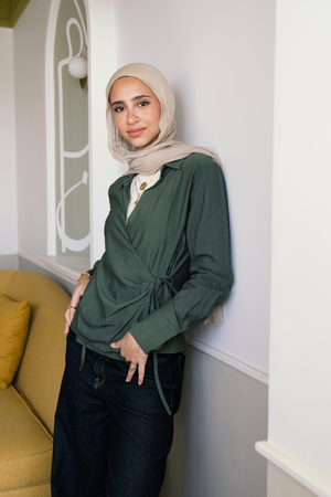 Crinkled Tie Wrap Shirt in Olive